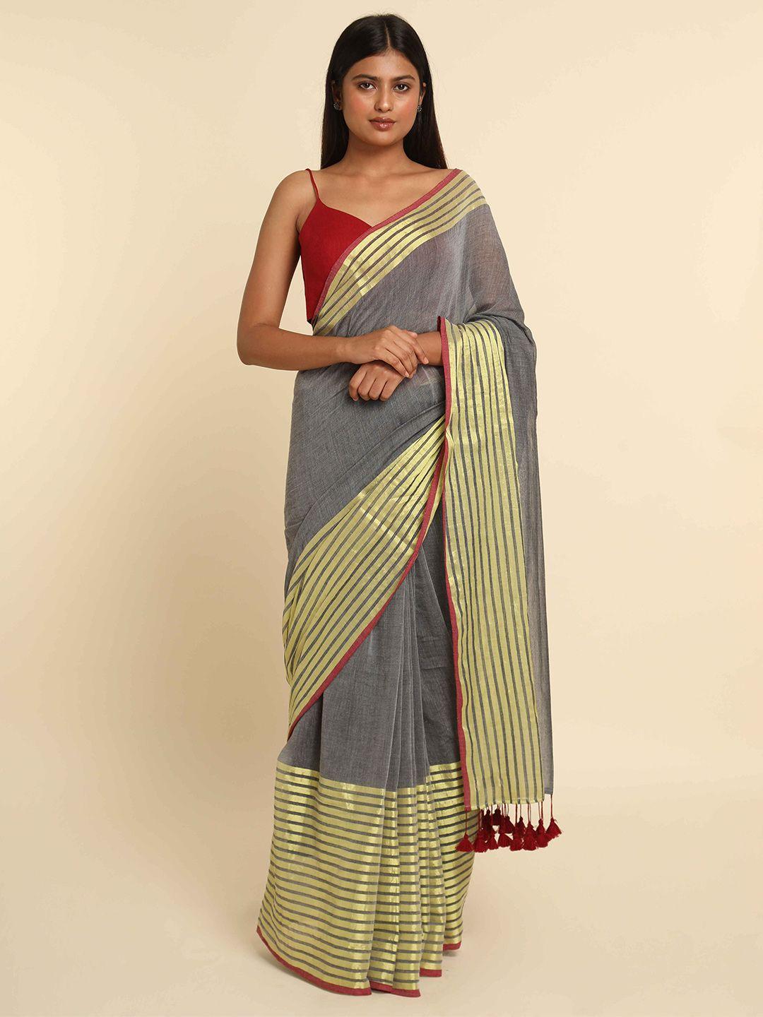 suta women grey & gold-toned striped saree