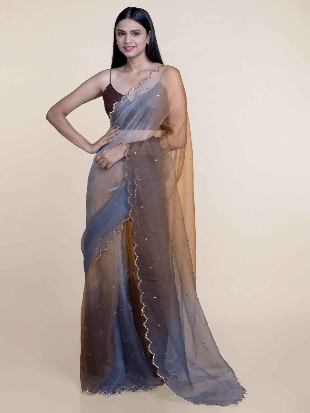 suta women grey-brown organza handcrafted metal sequine ombre saree