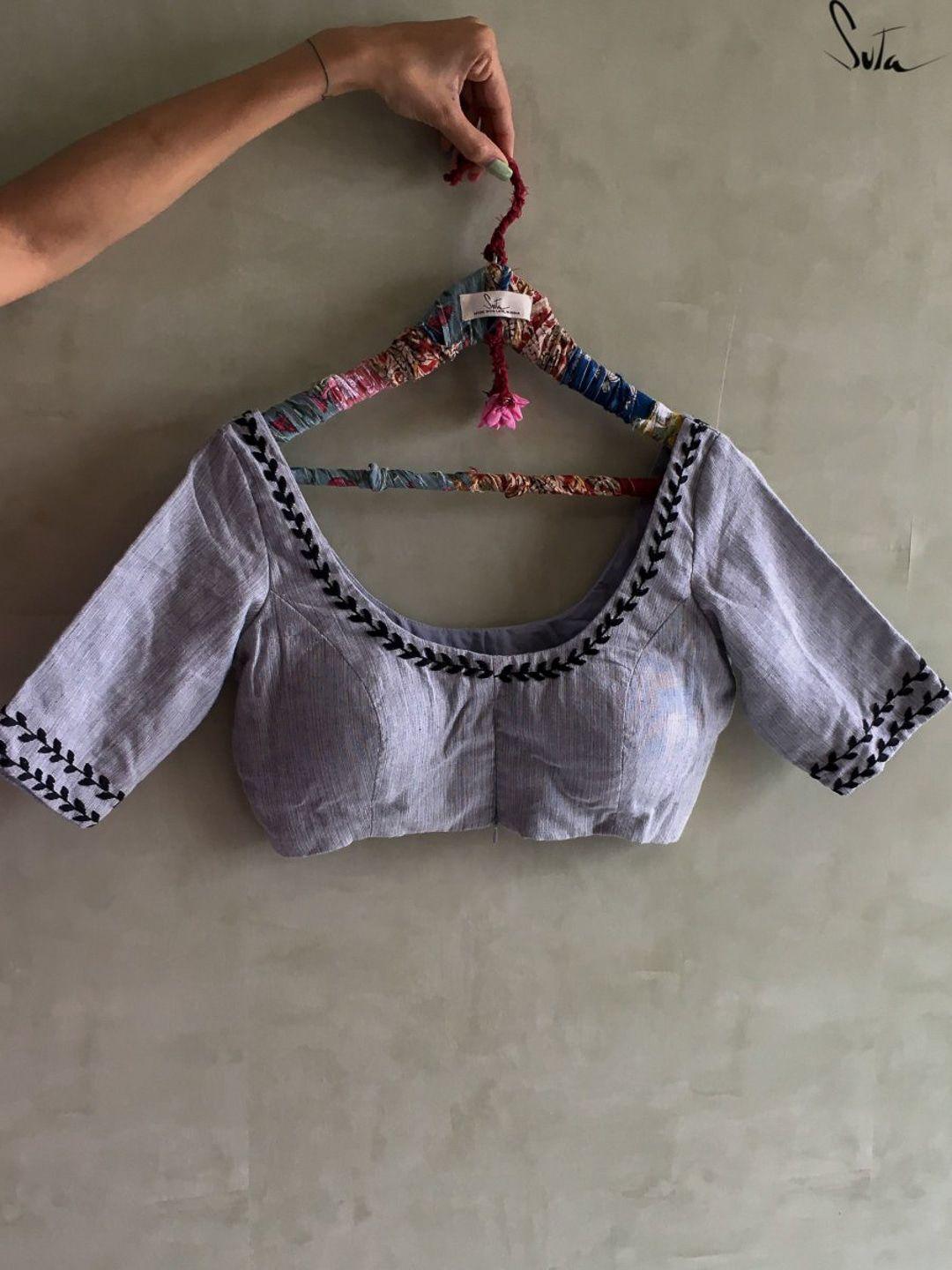 suta women grey embroidered cotton saree blouse