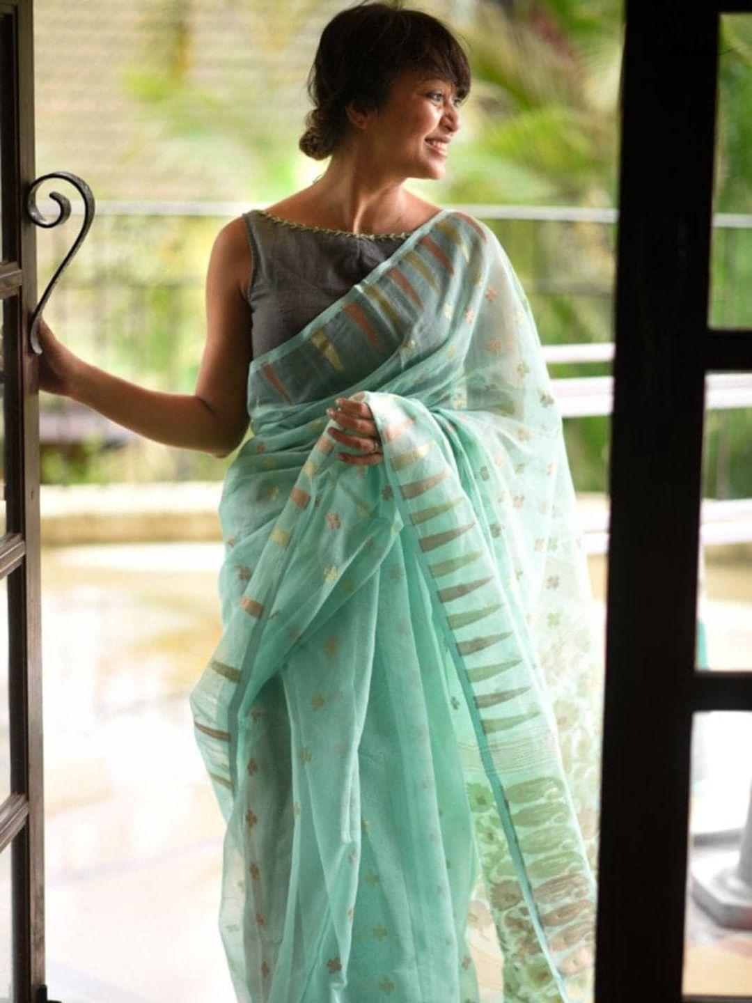 suta women grey hand embroidered cotton  saree blouse