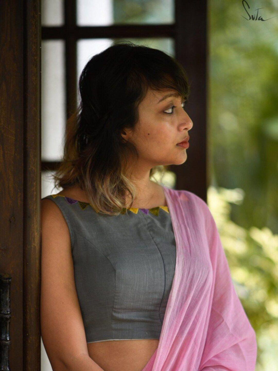 suta women grey solid cotton saree blouse