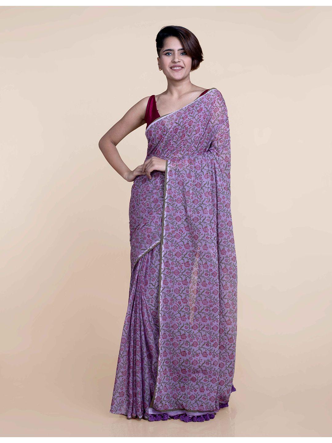 suta women lavender & green floral hand block printed pure cotton saree