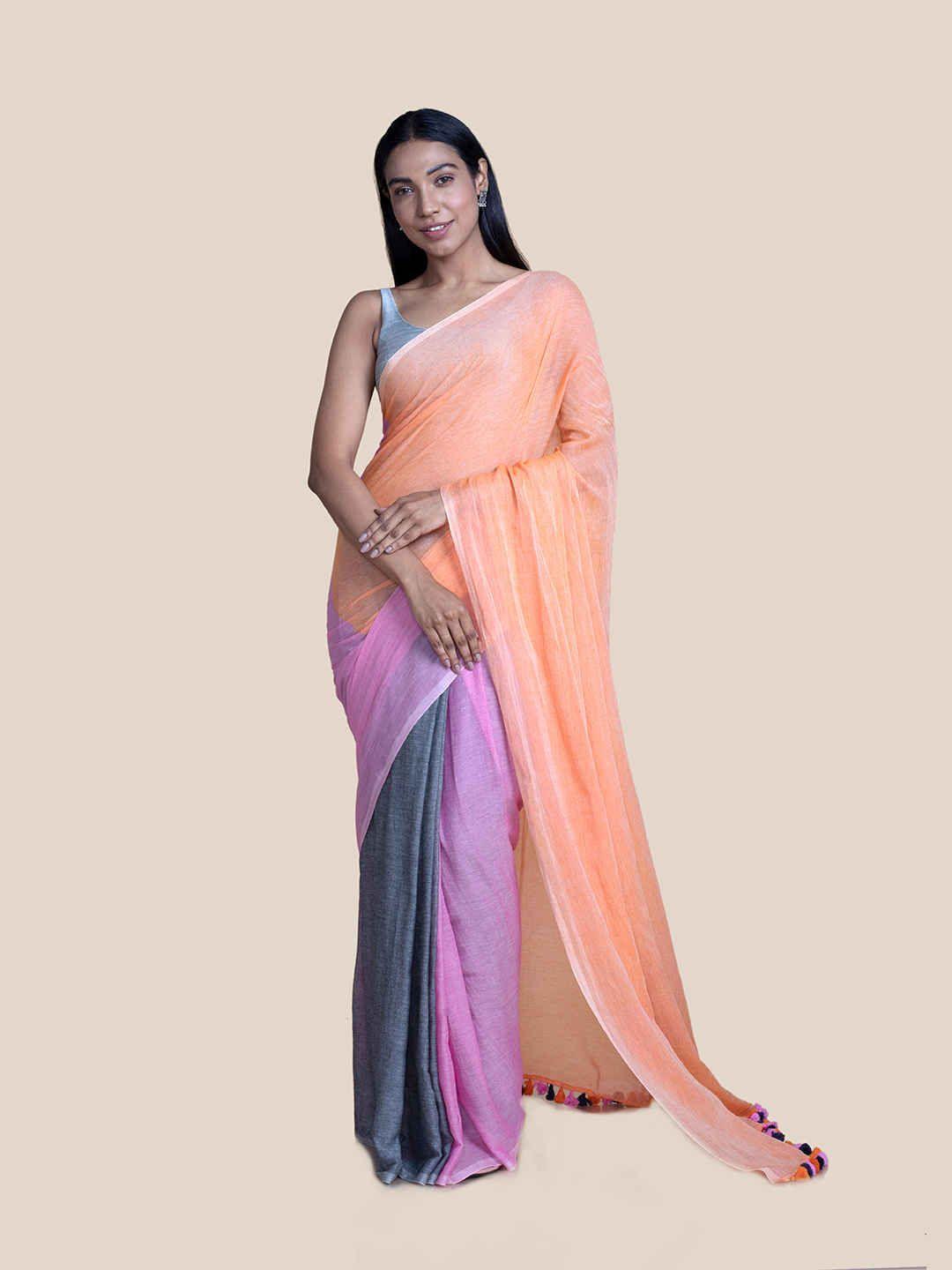 suta women orange, pink and grey colourblocked mul cotton saree