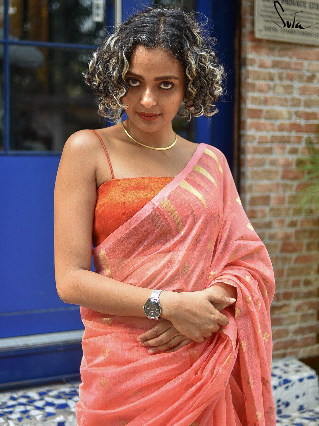 suta women orange solid artificial silk saree blouse