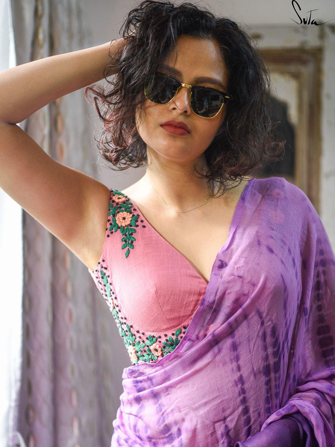 suta women pink & green embroidered cotton saree blouse