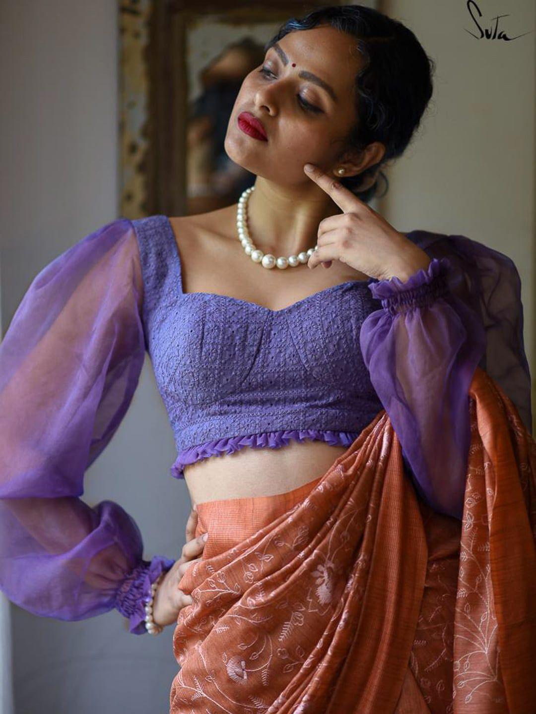 suta women purple embroidered cotton saree blouse