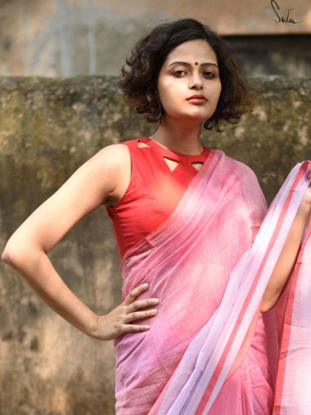 suta women red solid cotton saree blouse