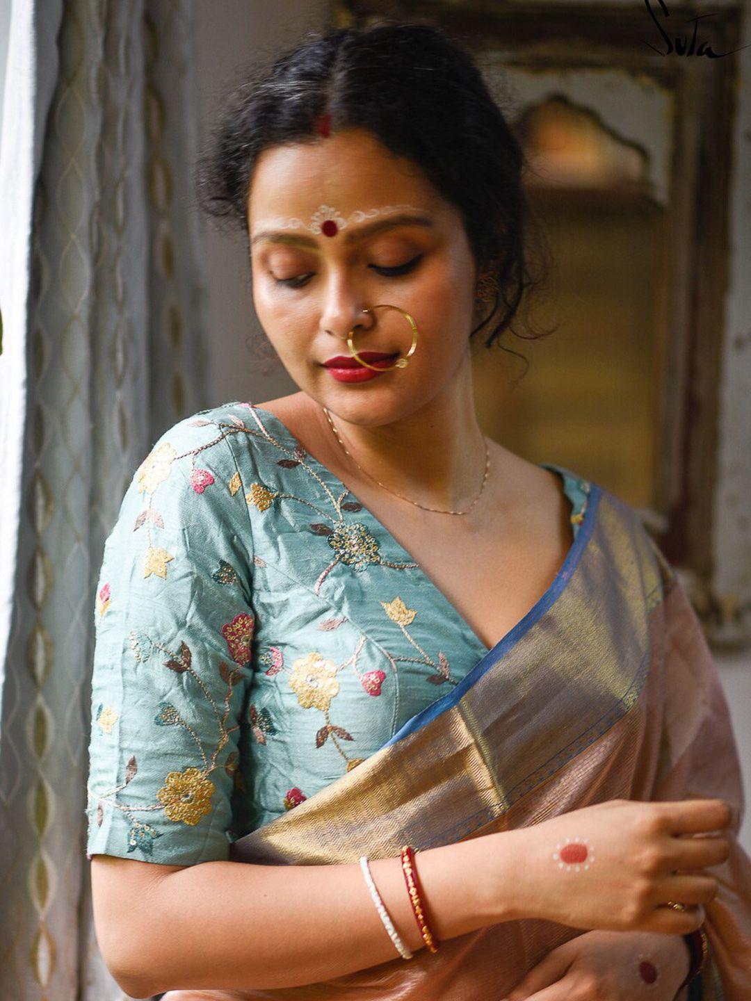 suta women tea-coloured  embroidered saree blouse