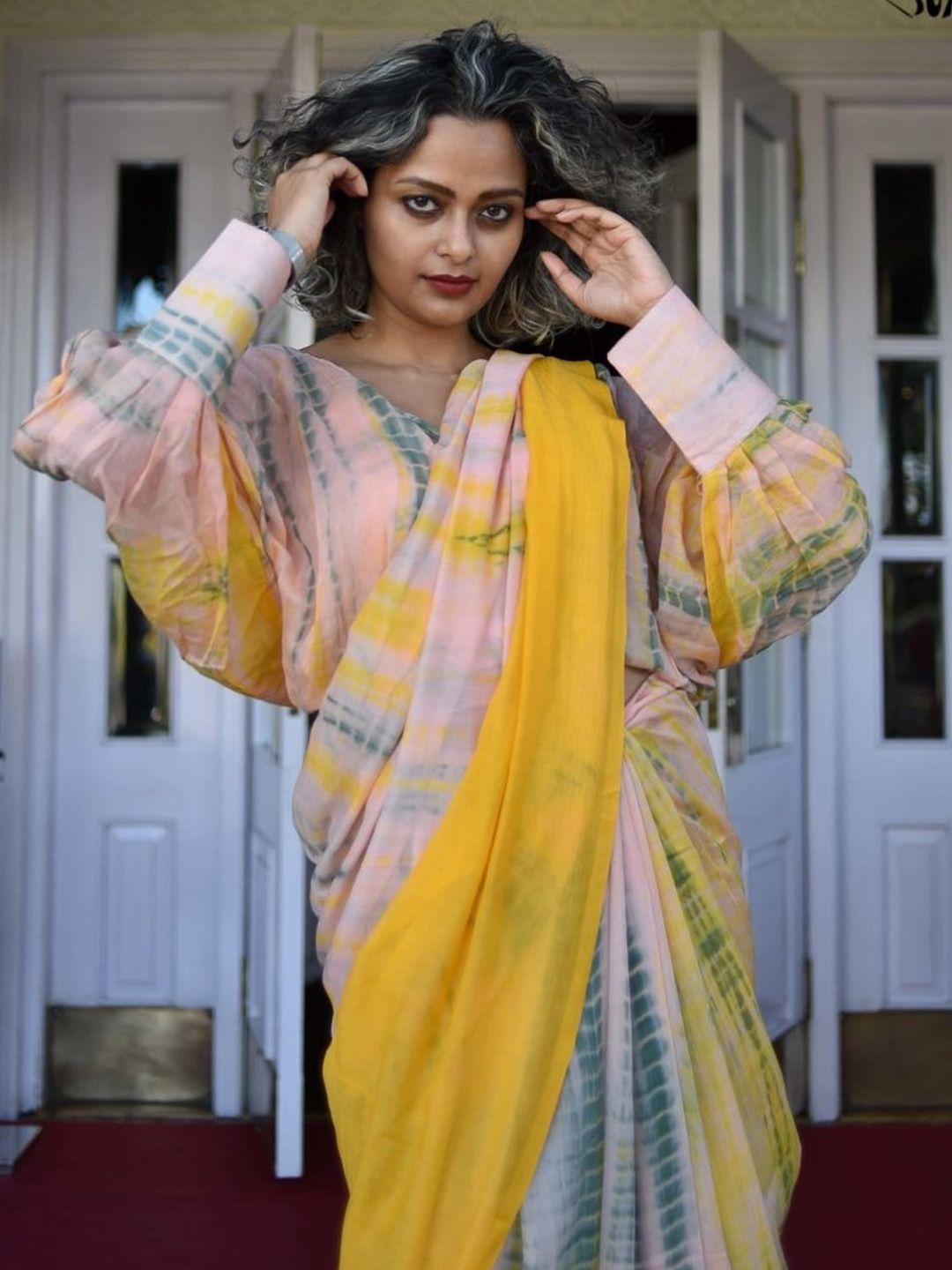 suta women yellow tie-dye print full-sleeve saree blouse
