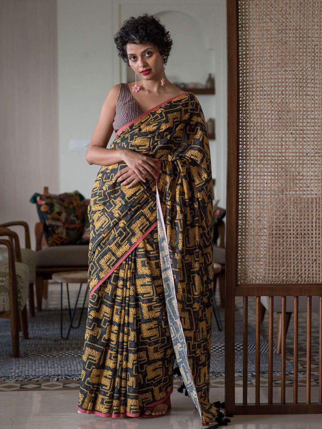 suta yellow & black abstract printed pure cotton saree
