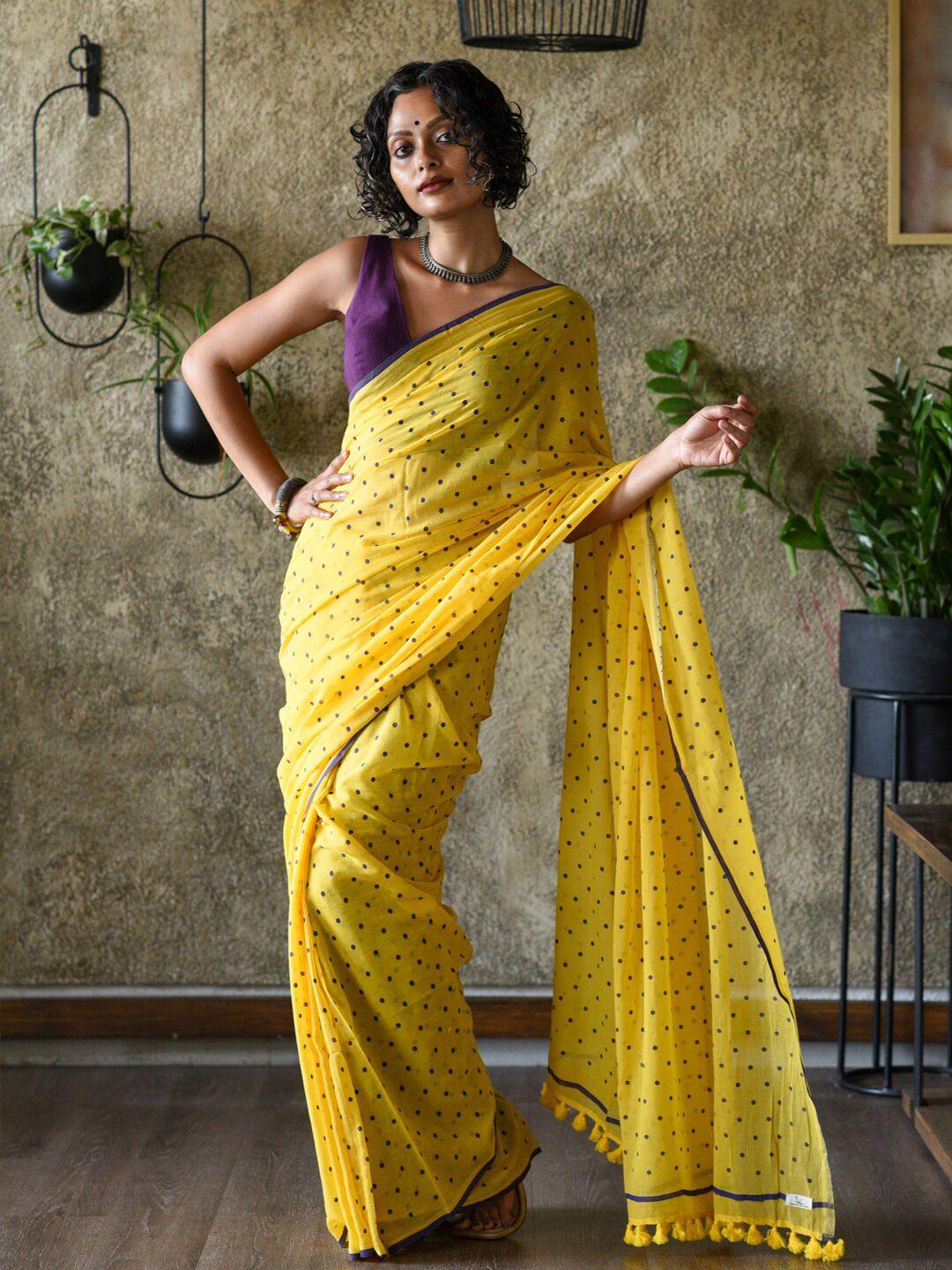 suta yellow & black polka dot printed pure cotton saree