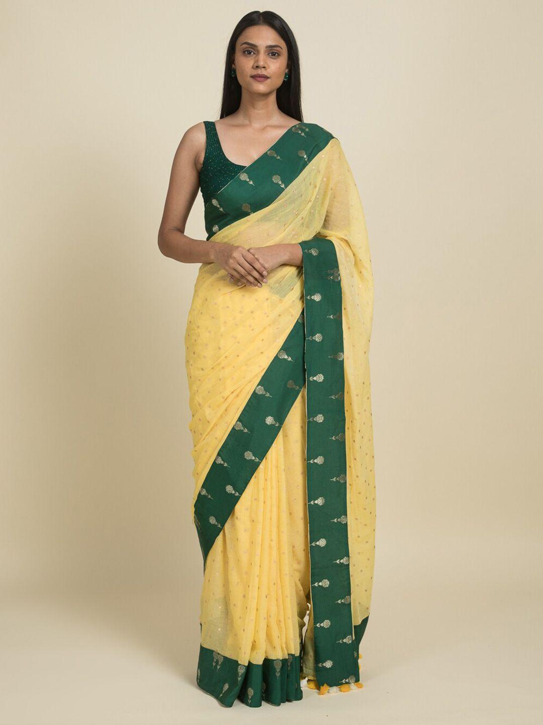 suta yellow & green pure cotton saree