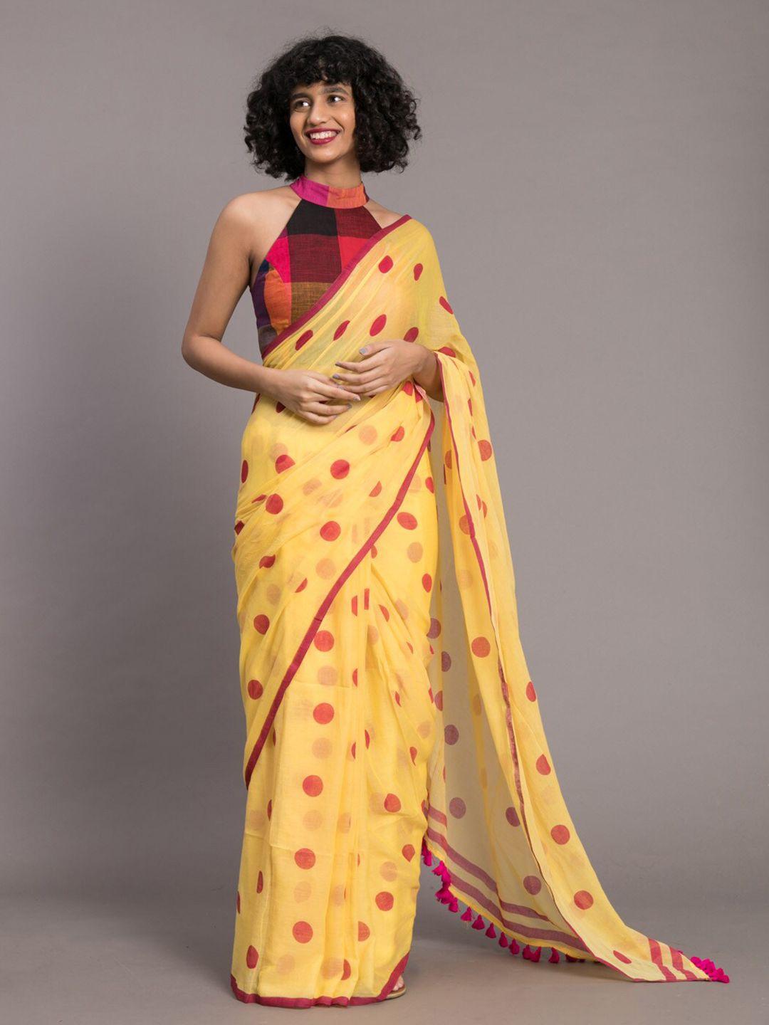 suta yellow & pink polka printed pure cotton saree