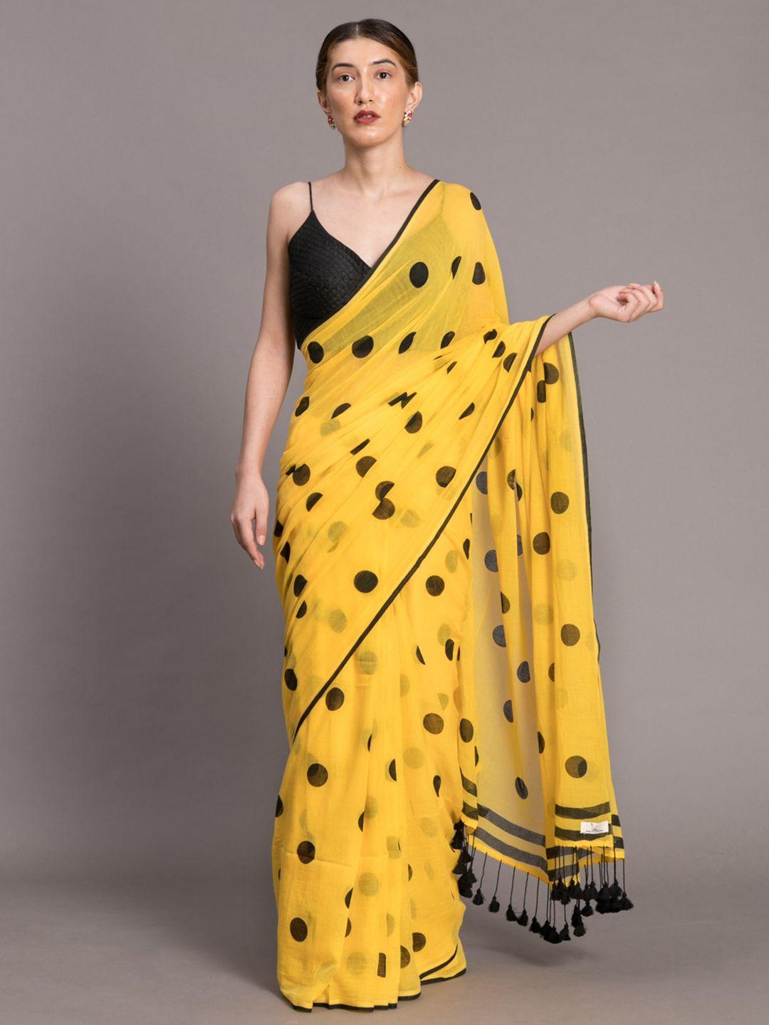 suta yellow and black polka printed pure cotton saree