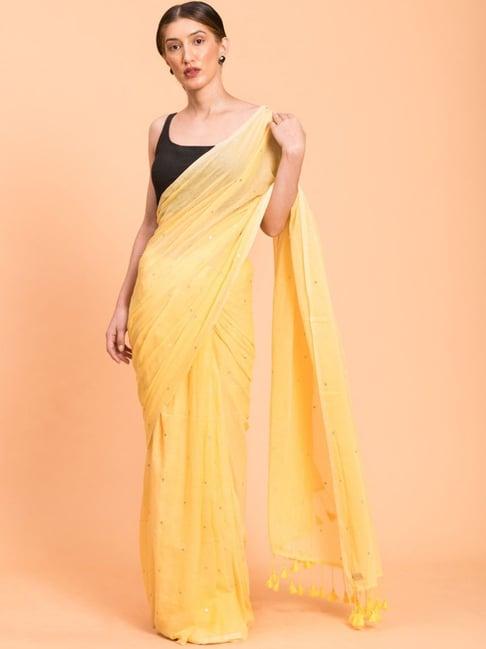 suta yellow cotton embellished saree without blouse