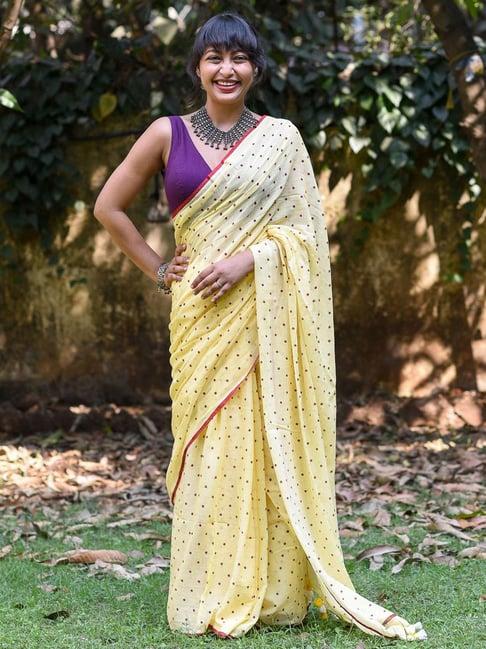 suta yellow cotton polka dots saree without blouse