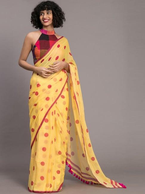 suta yellow cotton polka dots saree without blouse