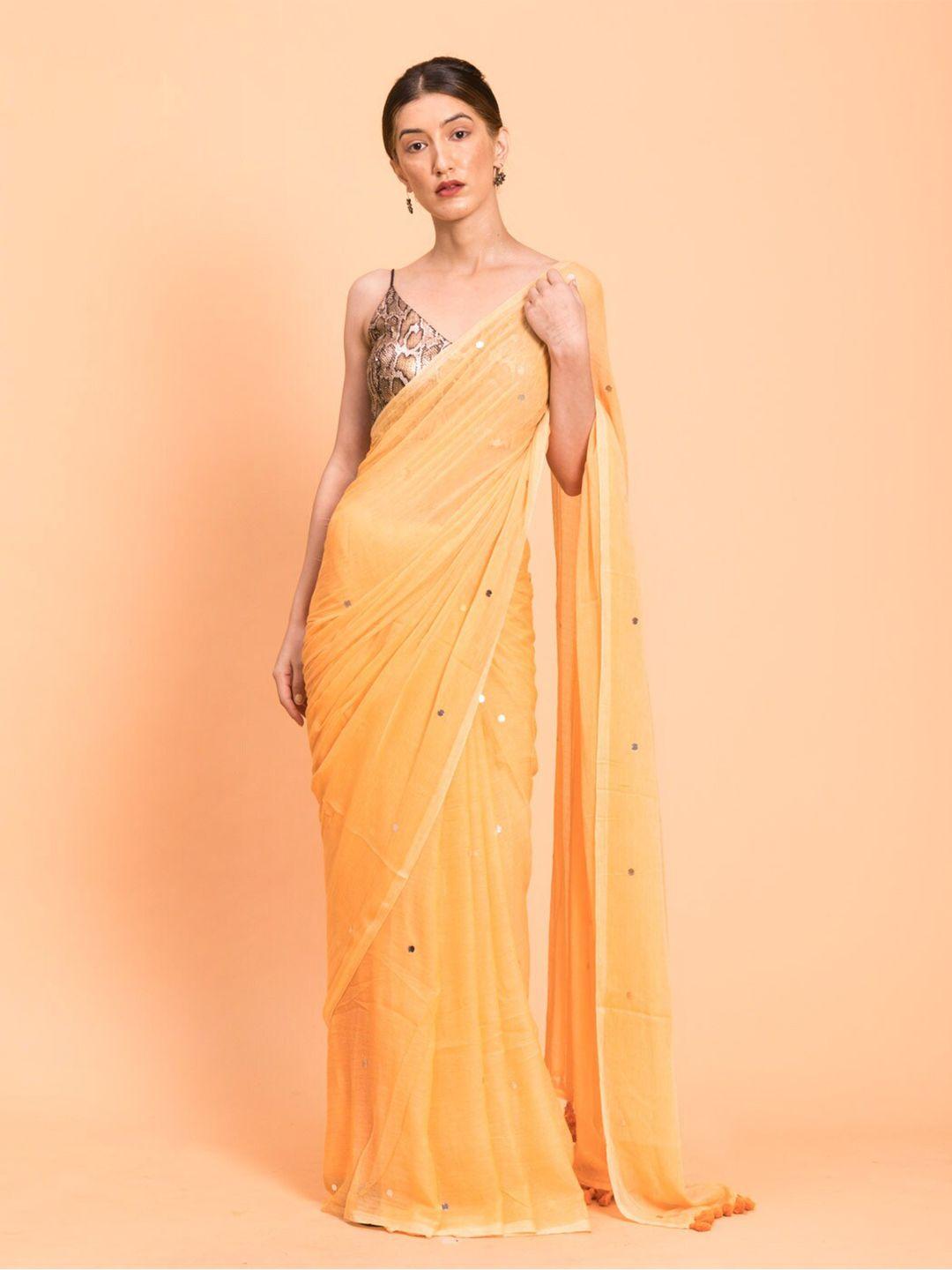 suta yellow embellished sequinned pure cotton saree