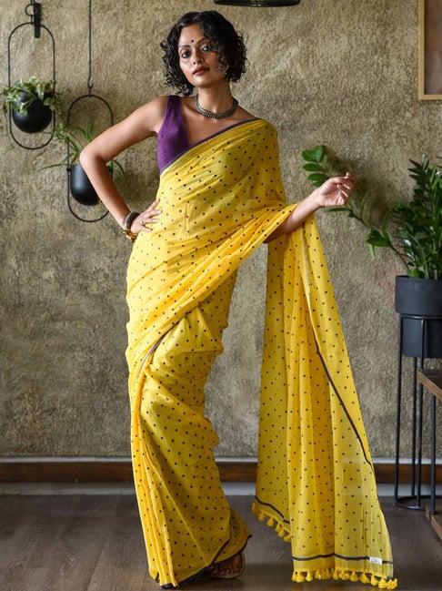 suta yellow pure cotton polka dots saree