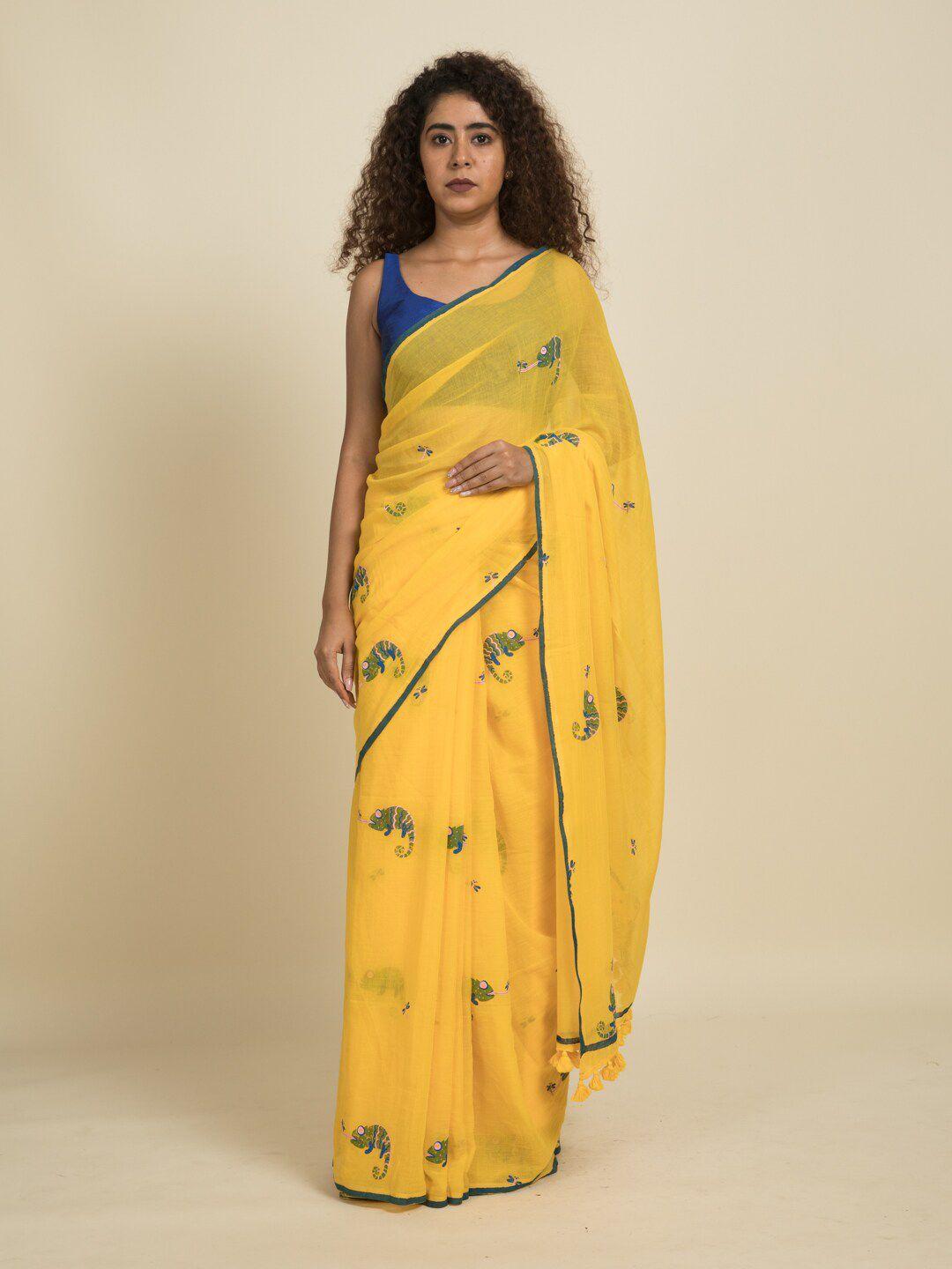 suta yellow reptile print mul cotton saree