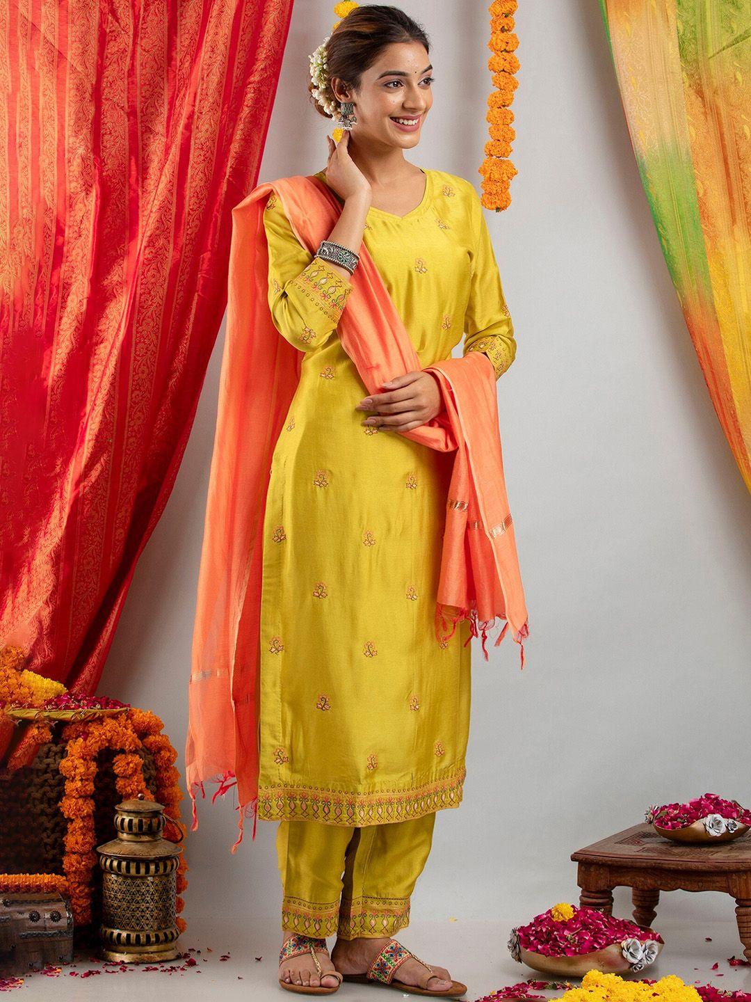 suti  floral embroidered straight thread work kurta with trousers & with dupatta