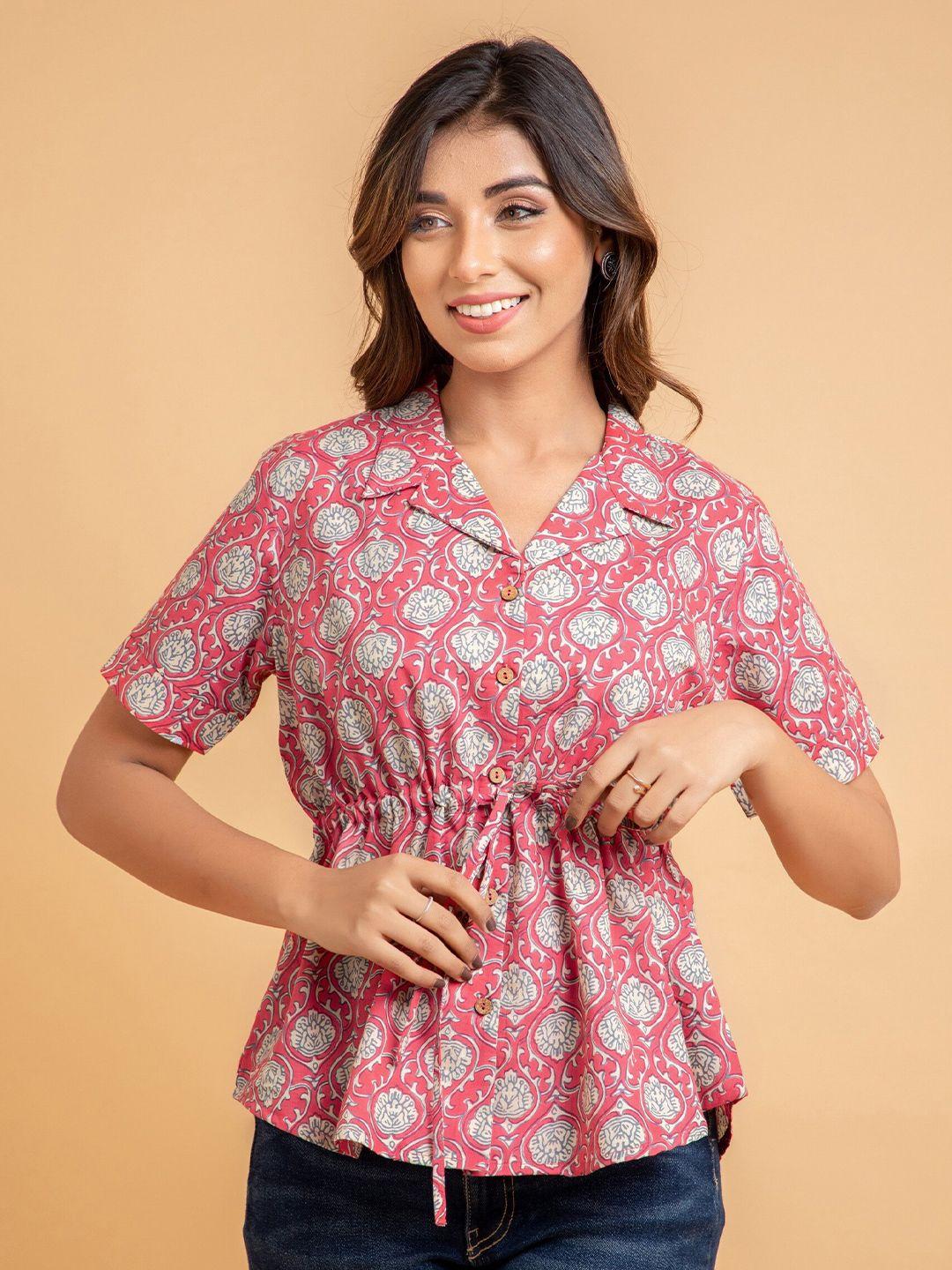 suti coral floral printed shirt style cotton cinched waist top