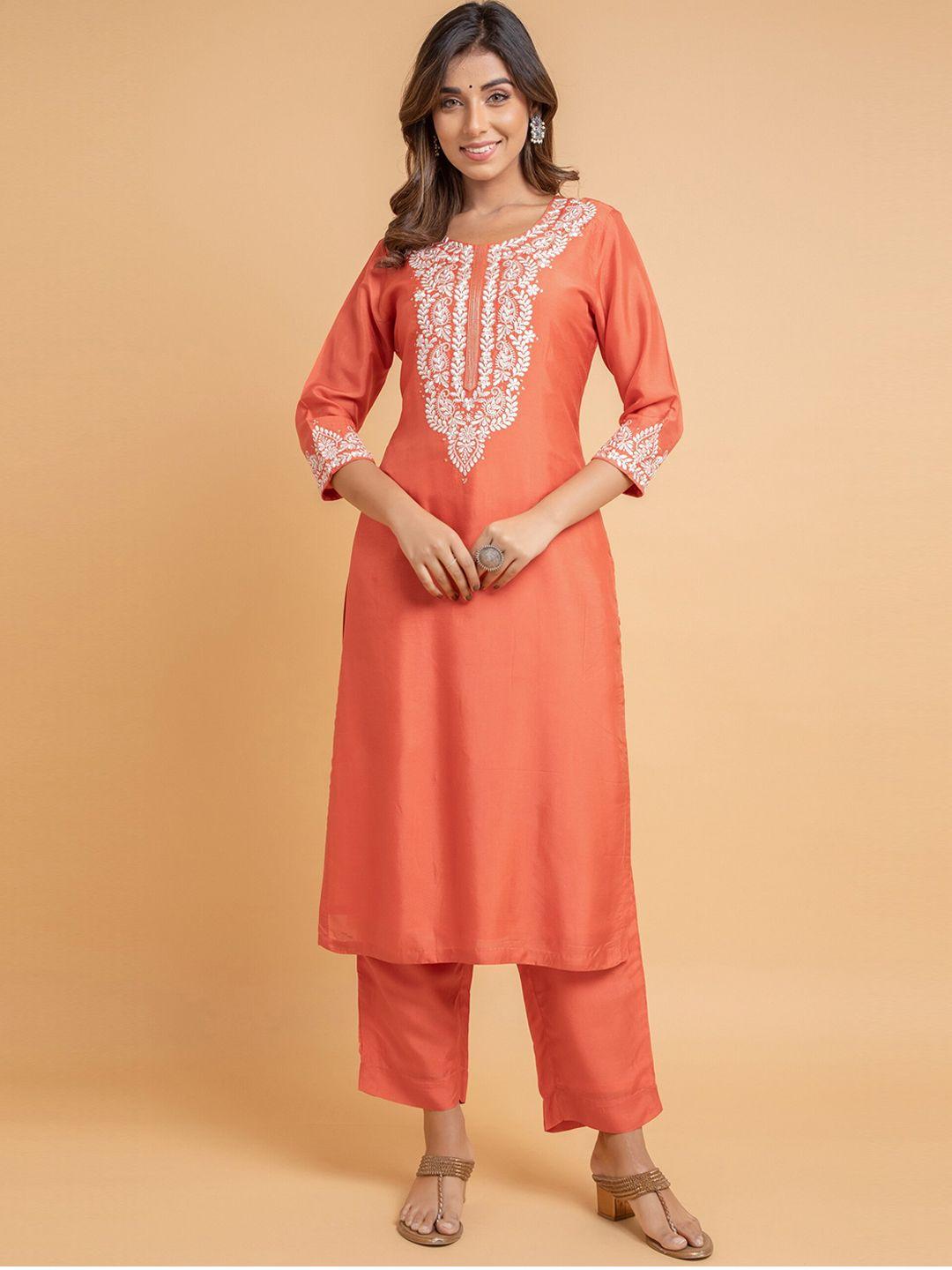 suti embroidered cotton silk straight kurta with trousers