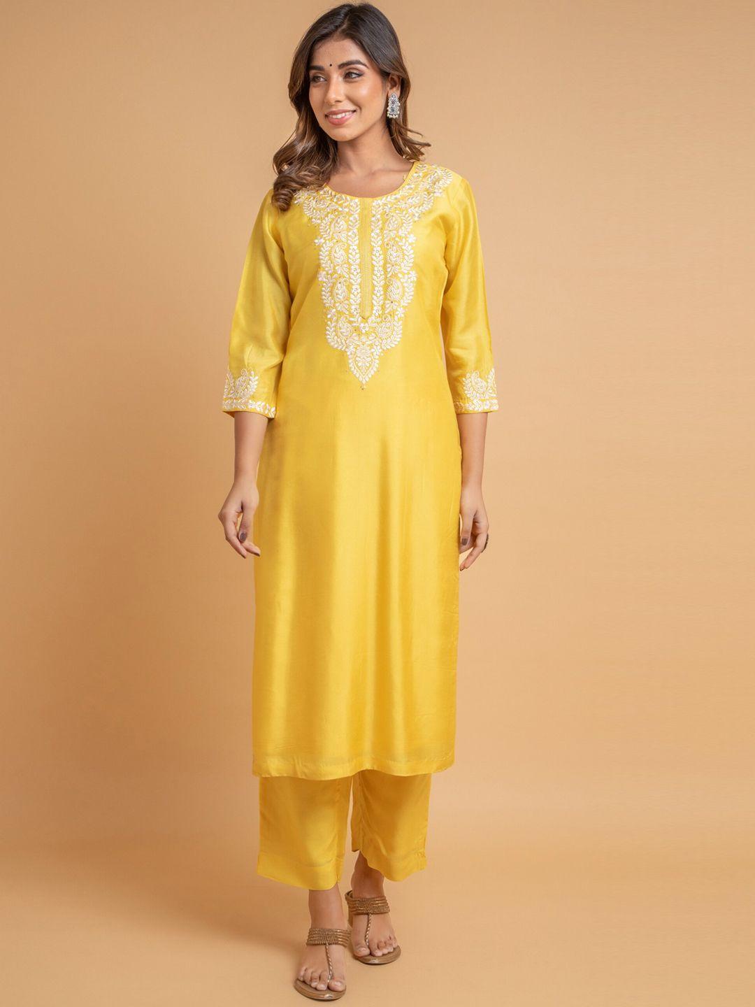 suti embroidered cotton silk straight kurta with trousers