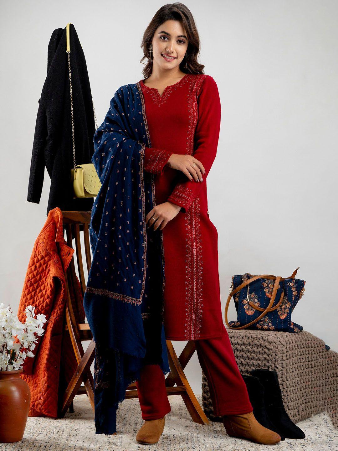 suti ethnic motifs embroidered pure wool kurta set