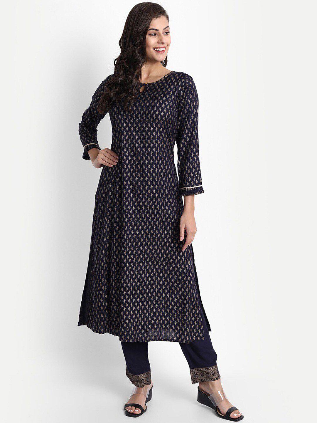 suti ethnic motifs printed keyhole neck a-line kurta with trousers