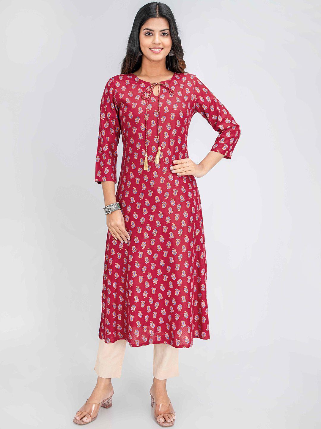 suti ethnic motifs printed tie-up neck a-line kurta