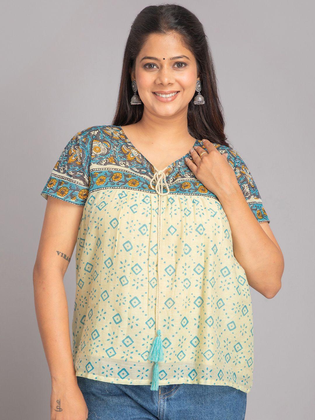 suti ethnic motifs printed tie-up neck cotton top