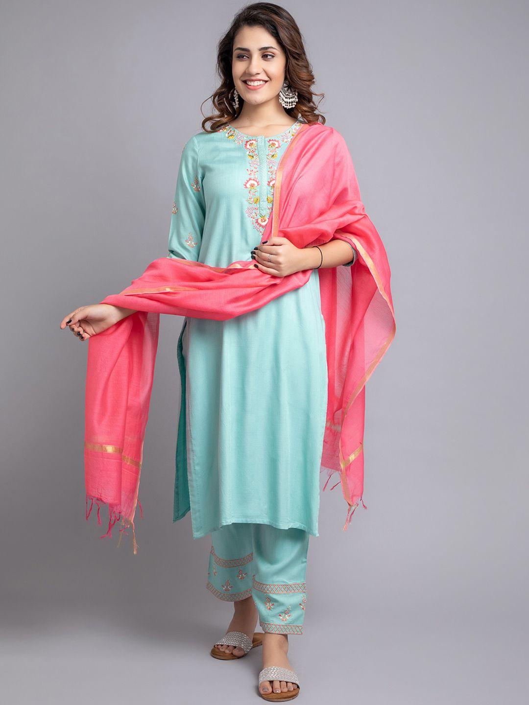 suti floral embroidered beads & stones straight kurta with trousers & dupatta