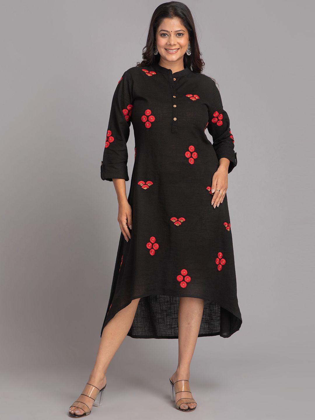 suti floral embroidered high low band collar cotton fit & flare dress