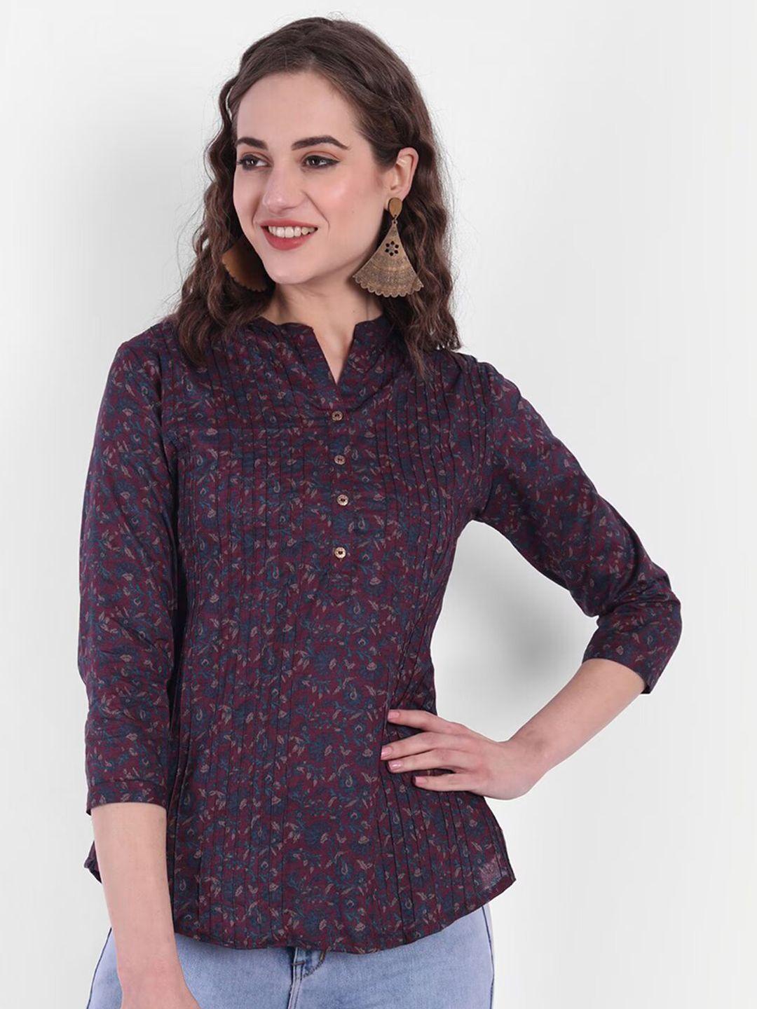 suti floral printed mandarin collar pure cotton shirt style top