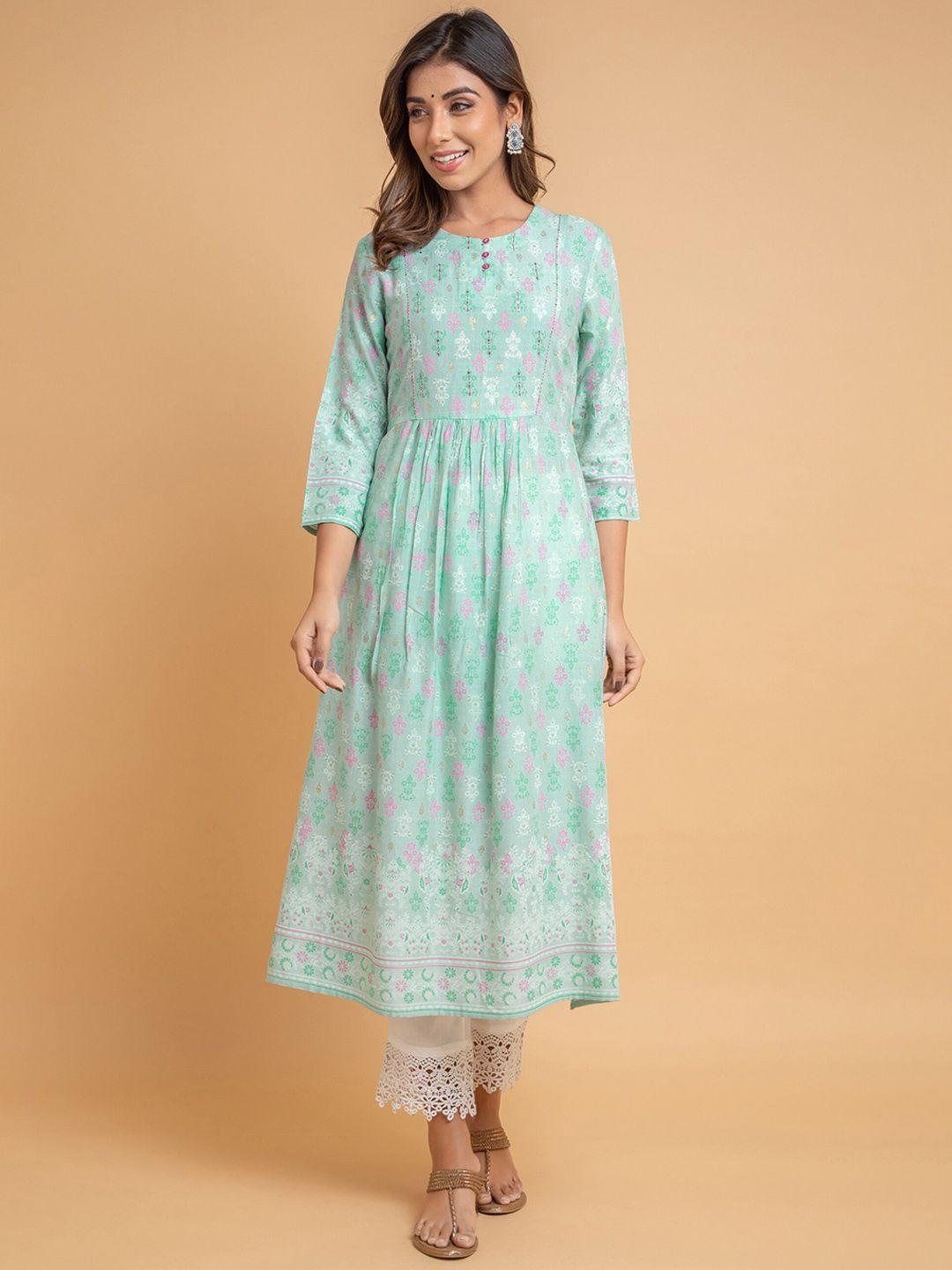 suti floral printed pleated thread work kurta with trousers