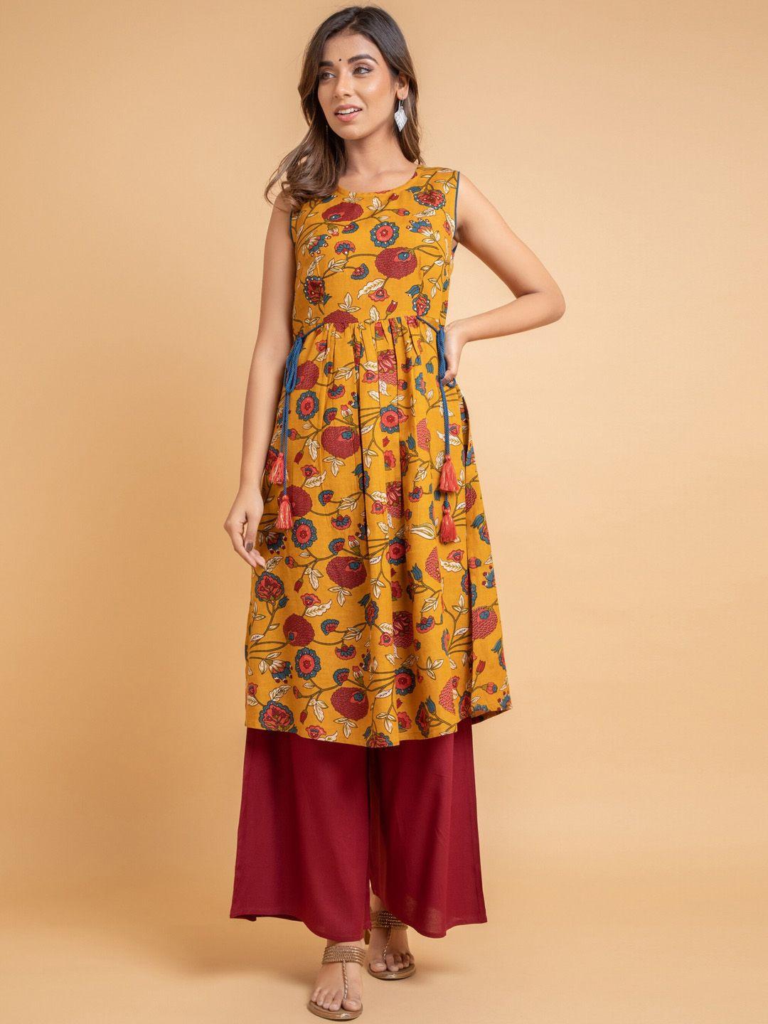 suti floral printed sleeveless a-line kurta