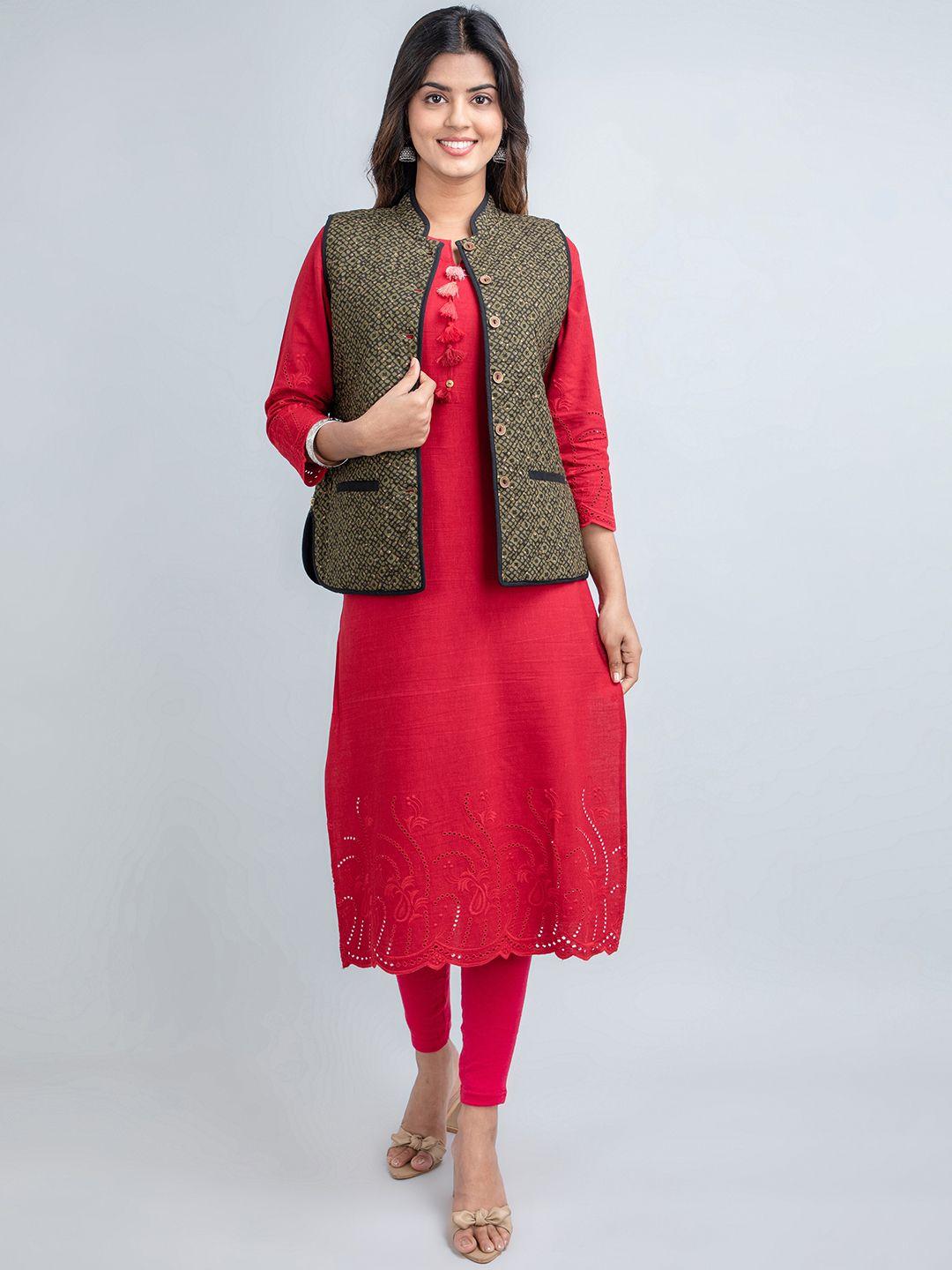 suti geometric printed lightweight sleeveless cotton tailored jacket with embroidered