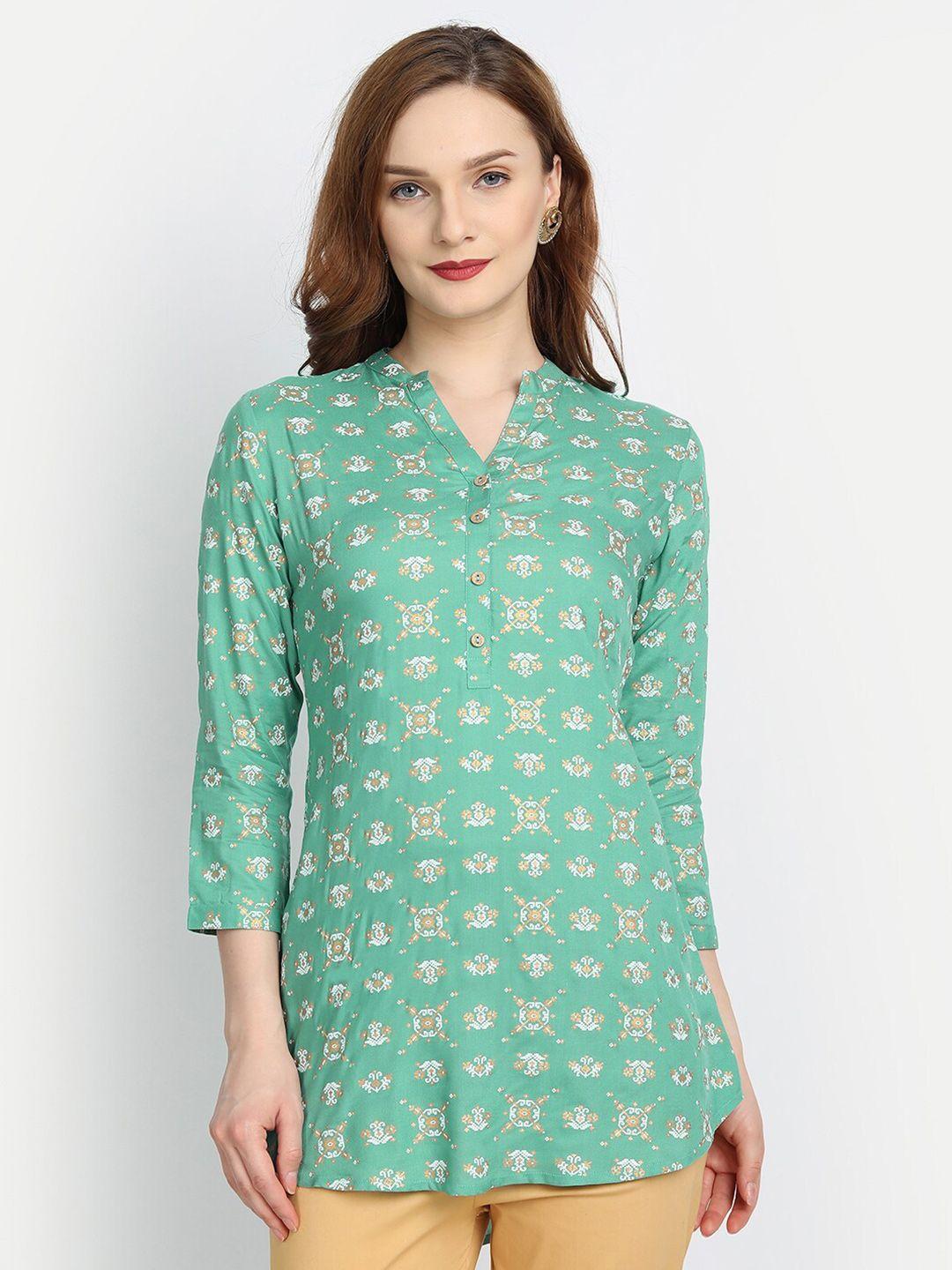 suti green print mandarin collar shirt style high-low top