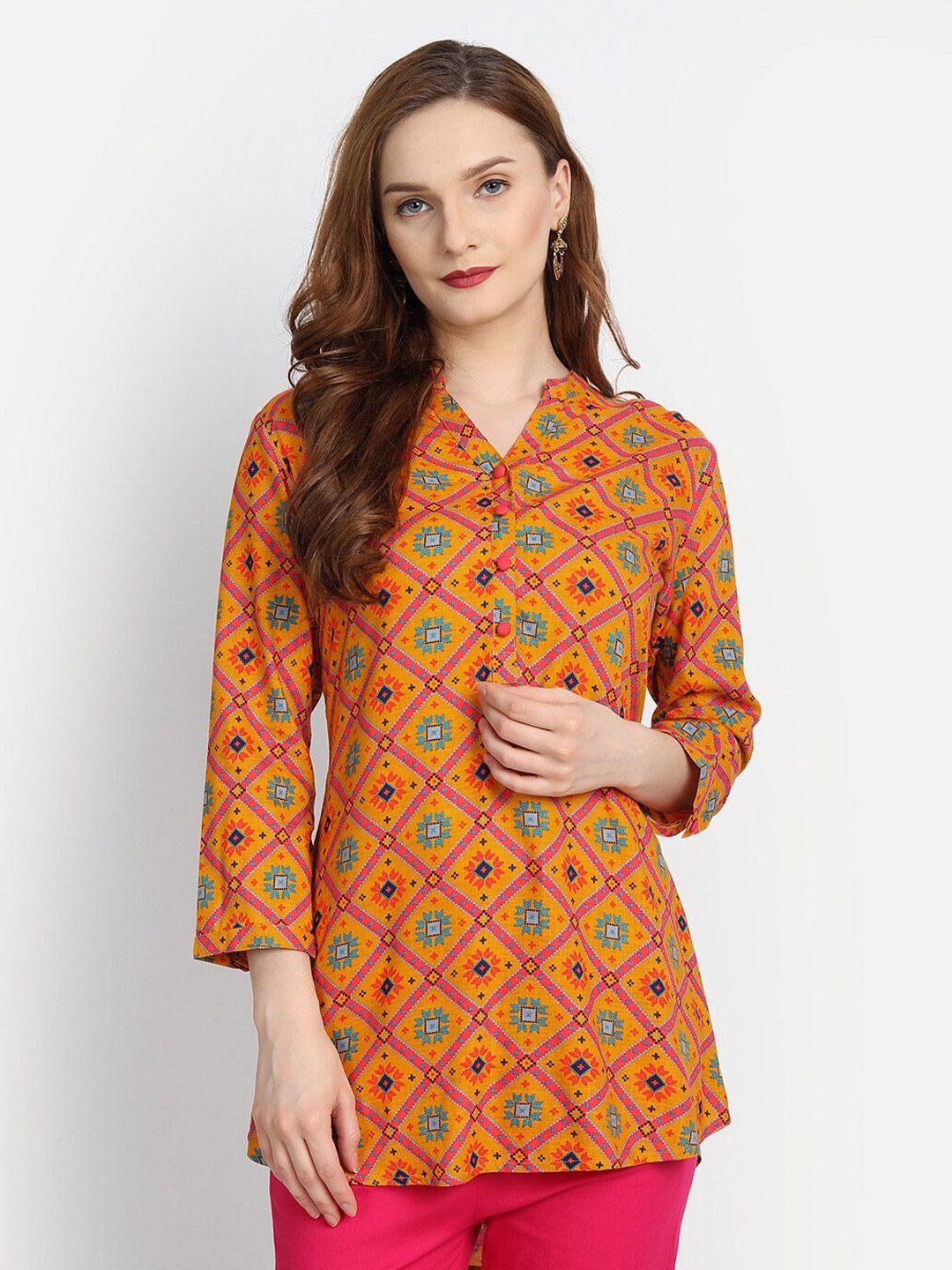 suti mustard print high-low mandarin collar top