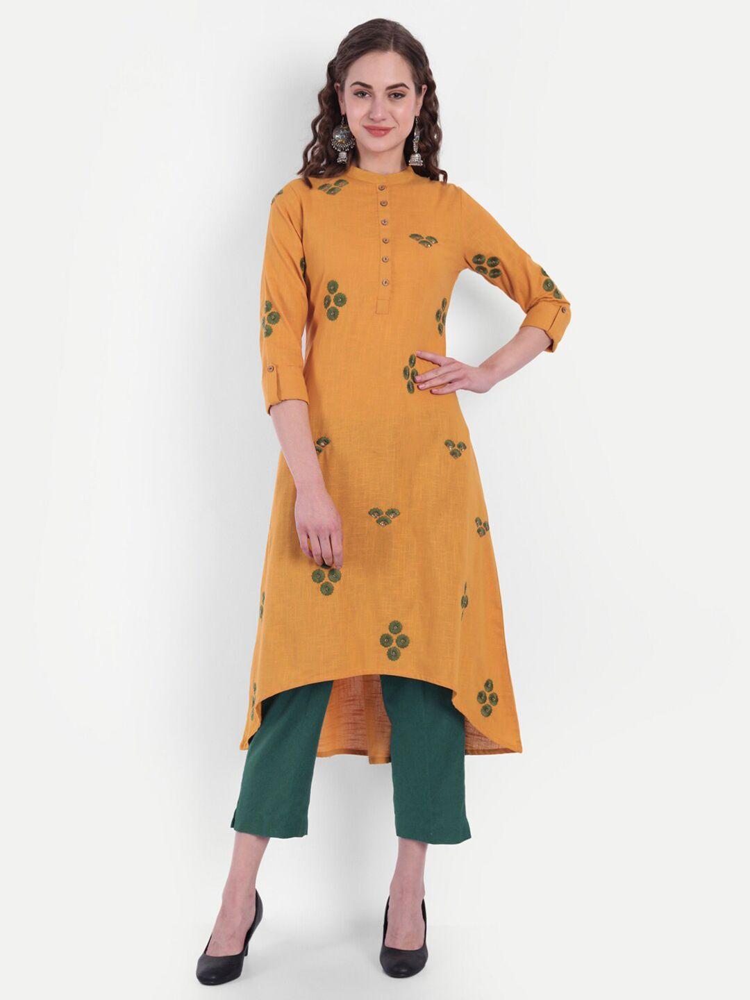 suti mustard yellow floral embroidered floral kurta