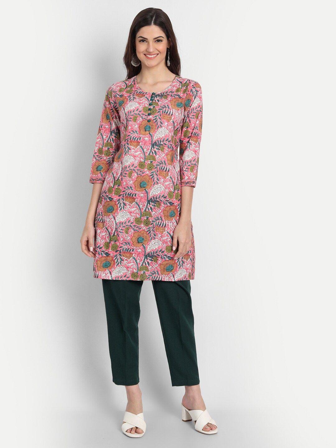 suti pink & green floral printed straight fit pure cotton kurti