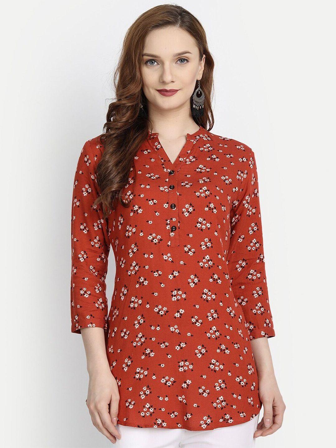 suti red floral printed mandarin collar longline top