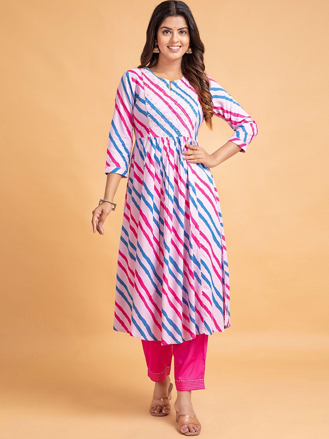 suti striped bead work notched neck a-line kurta with trousers