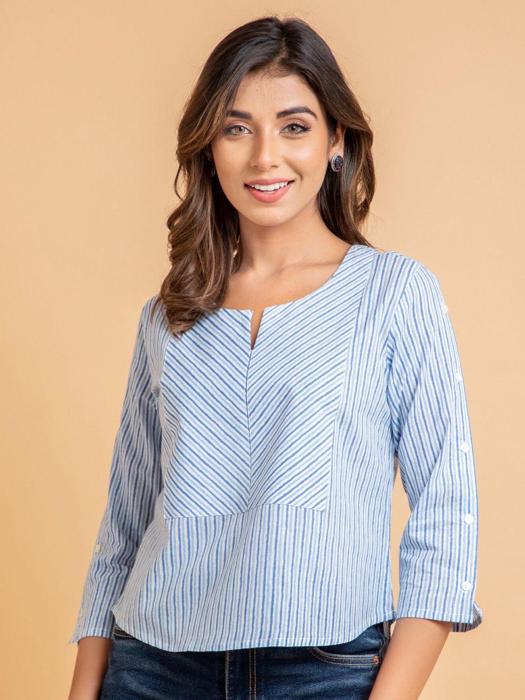 suti striped notched neck three-quarter sleeves cotton top