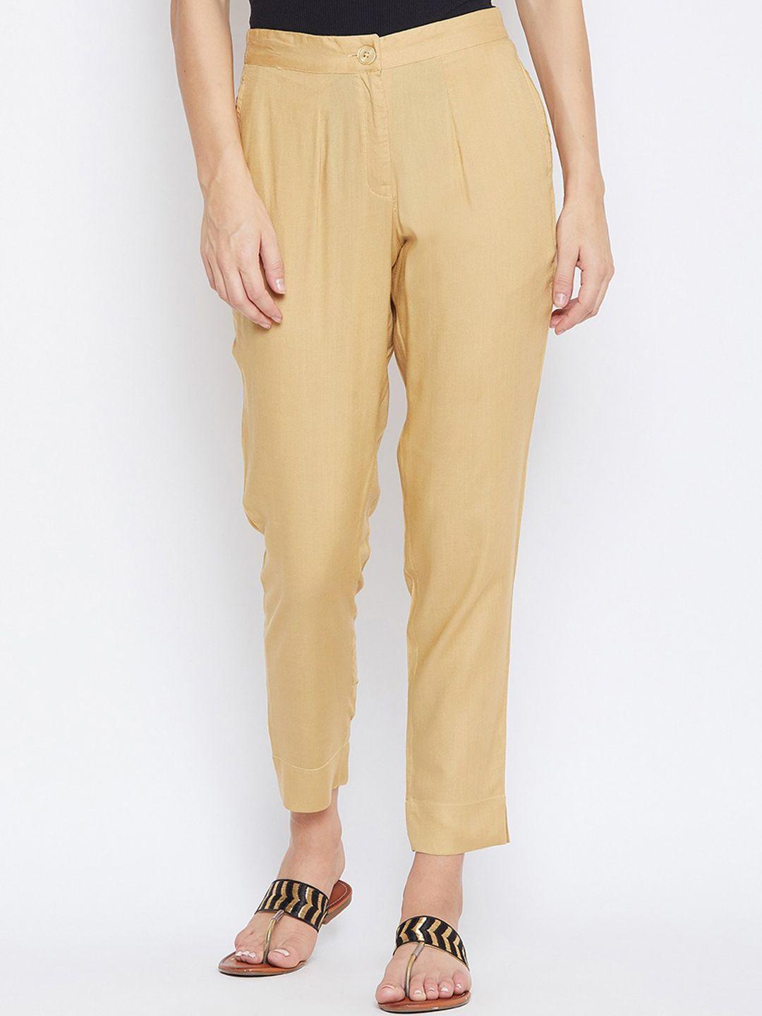 suti women beige comfort slim fit pleated trousers