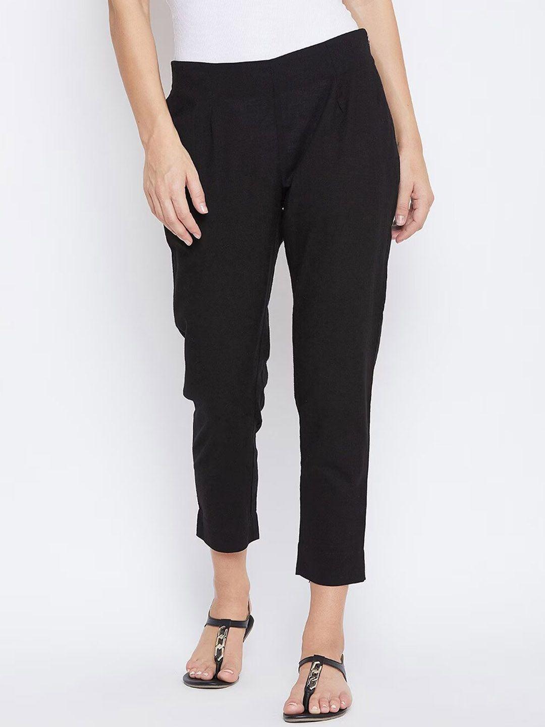 suti women black cropped flat-front mid-rise regular trousers