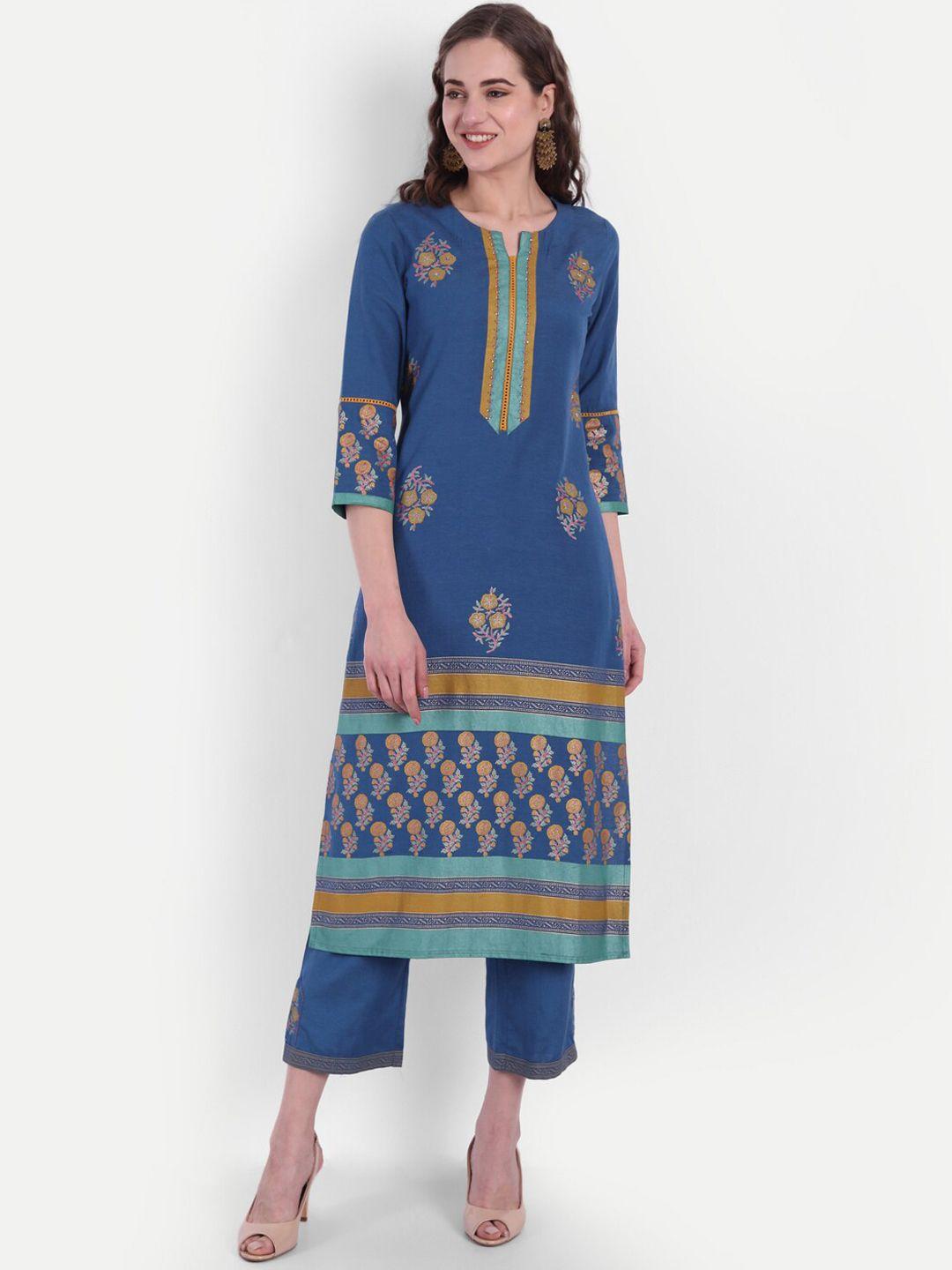 suti women blue printed kurta with trousers