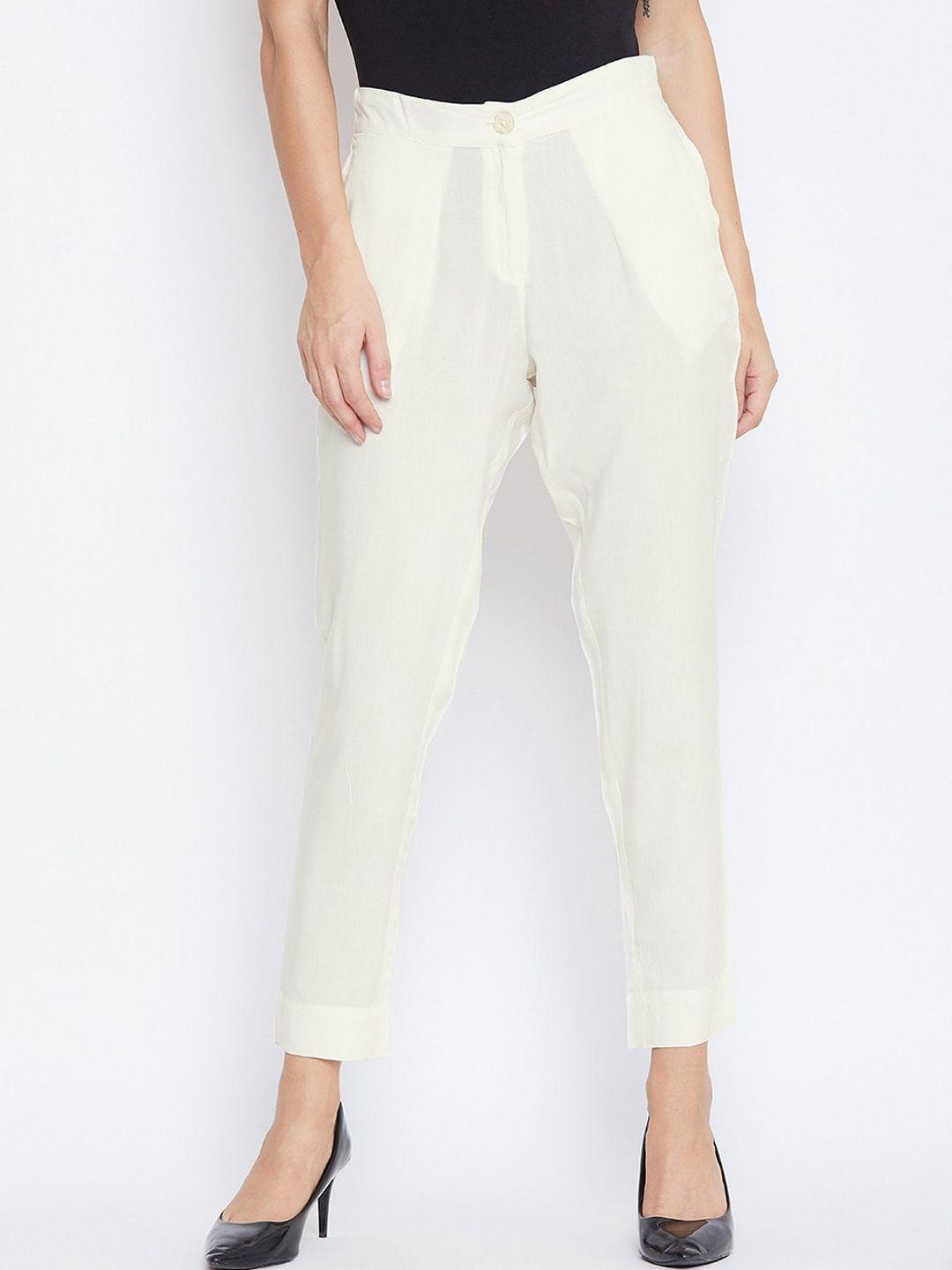suti women cream-coloured comfort slim fit trousers