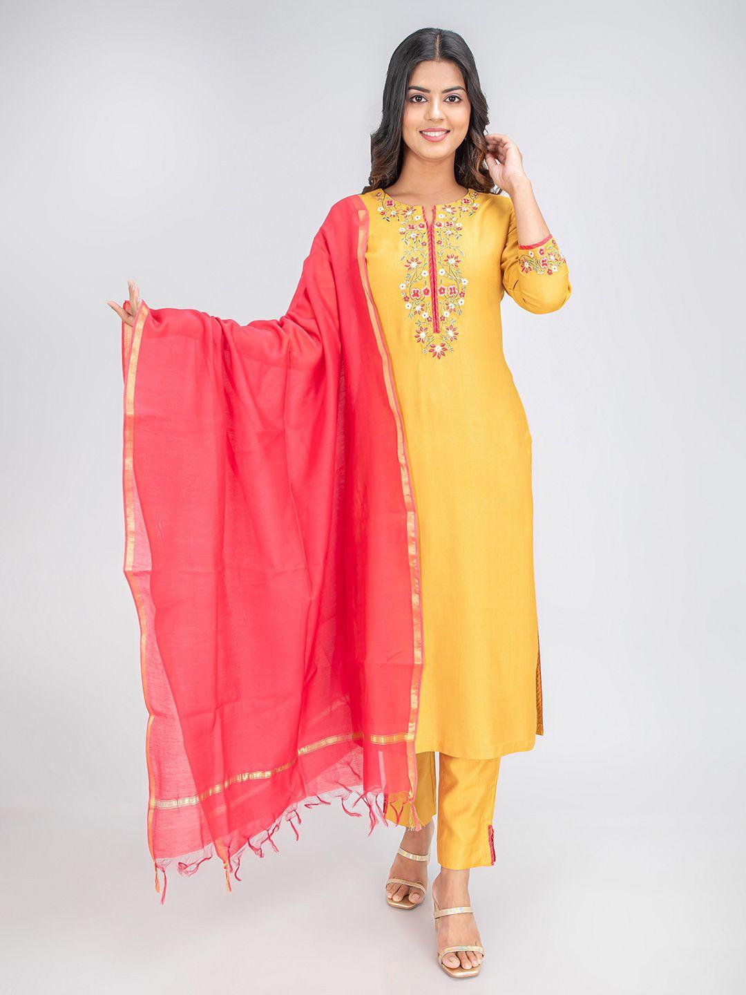 suti women floral embroidered kurta with trousers & dupatta